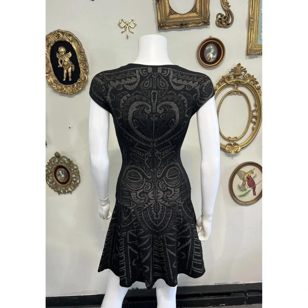 RVN Black Intricate Jacquard Knit Cap Sleeve Fit and Flare Mini Dress Size Small